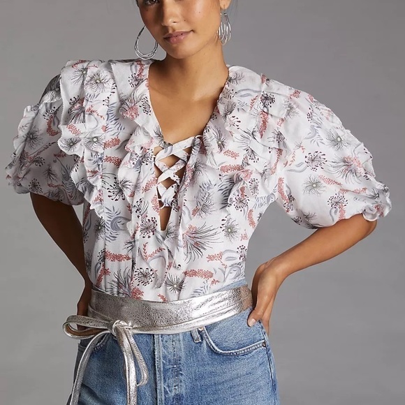 NWT - Anthropologie Magali Pascal Silk Ruffle Lace Front Cotton Lined Blouse - Picture 1 of 4